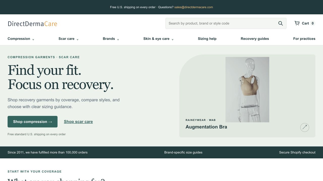 Actual DirectDermaCare storefront with product navigation and recovery garment guidance