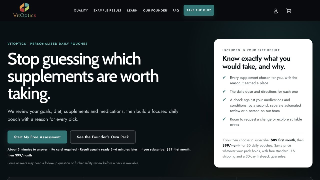 Actual VitOptics website: personalized wellness assessment and subscription experience